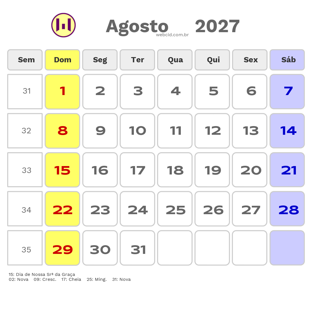Calendário 2027 - Agosto - Cabo Verde com feriados e fases da lua