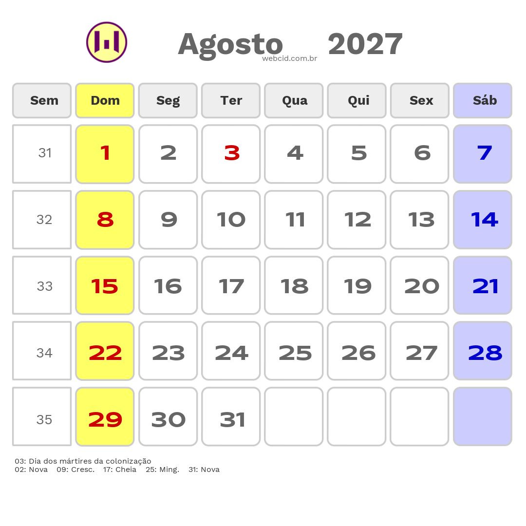Calendário 2027 - Agosto - Guiné-Bissau com feriados e fases da lua