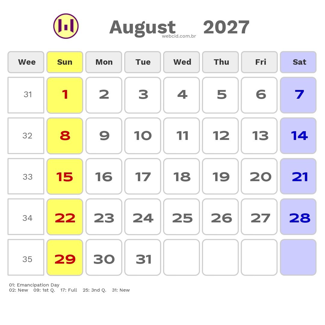Calendar 2027 - August - Guyana com feriados e fases da lua