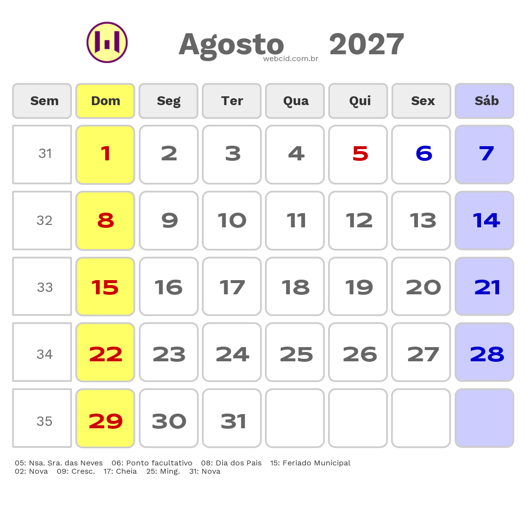 Calendário 2027 - Agosto - Ribeirão das Neves-MG com feriados e fases da lua