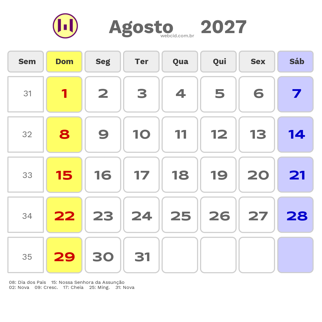 Calendário 2027 - Agosto - Caçapava do Sul-RS com feriados e fases da lua