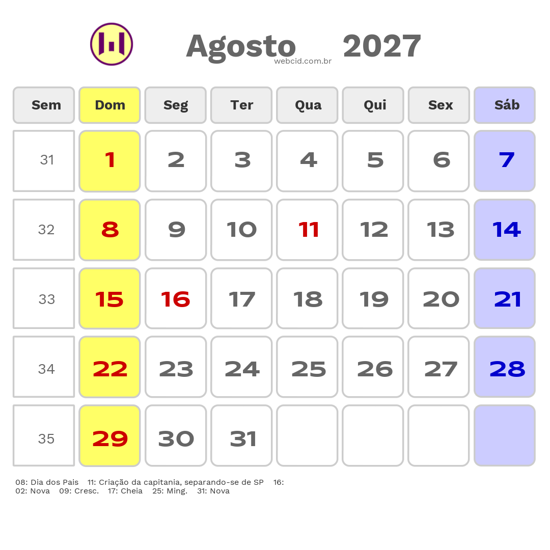 Calendário 2027 - Agosto - Timbe do Sul-SC com feriados e fases da lua