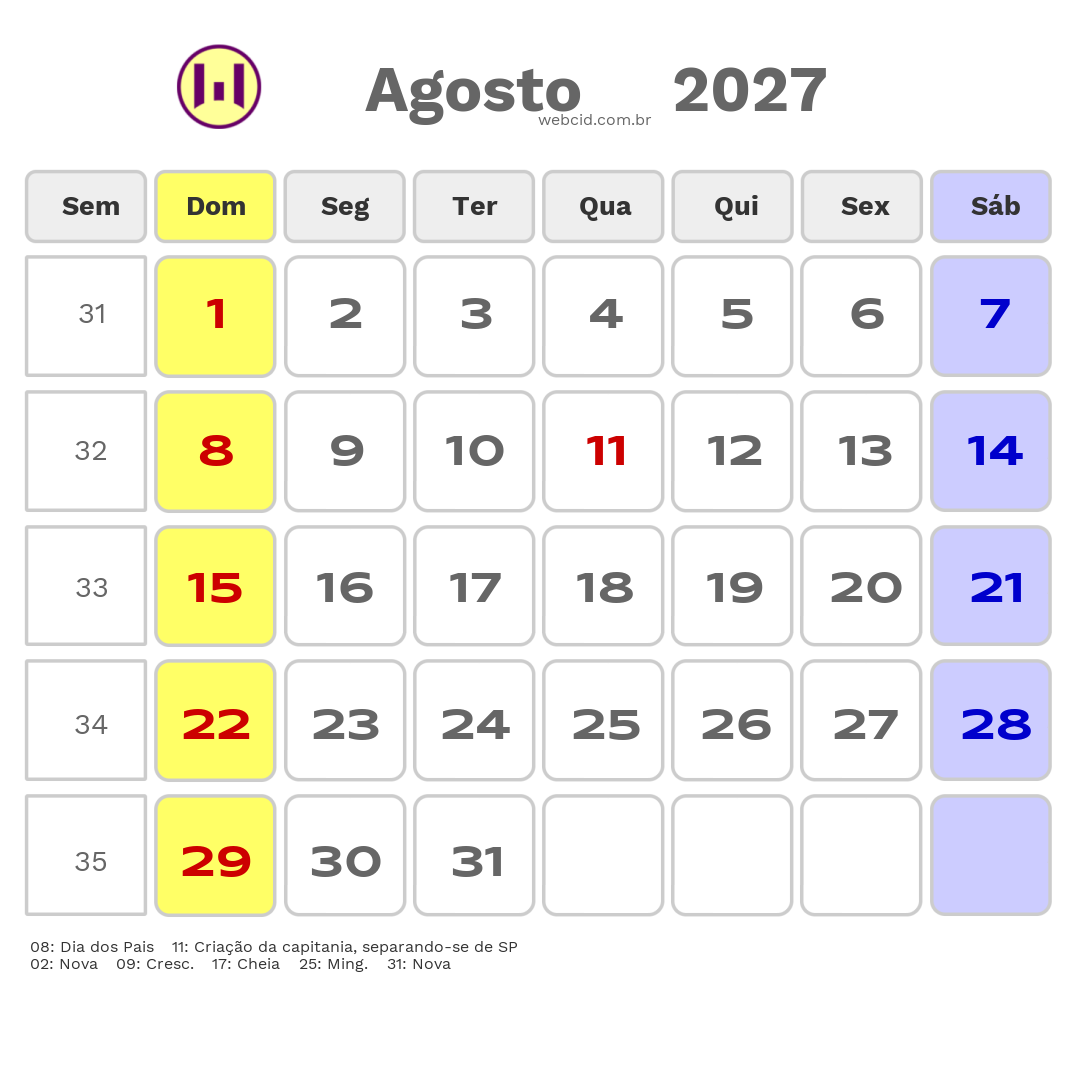 Calendário 2027 - Agosto - Tubarão-SC com feriados e fases da lua
