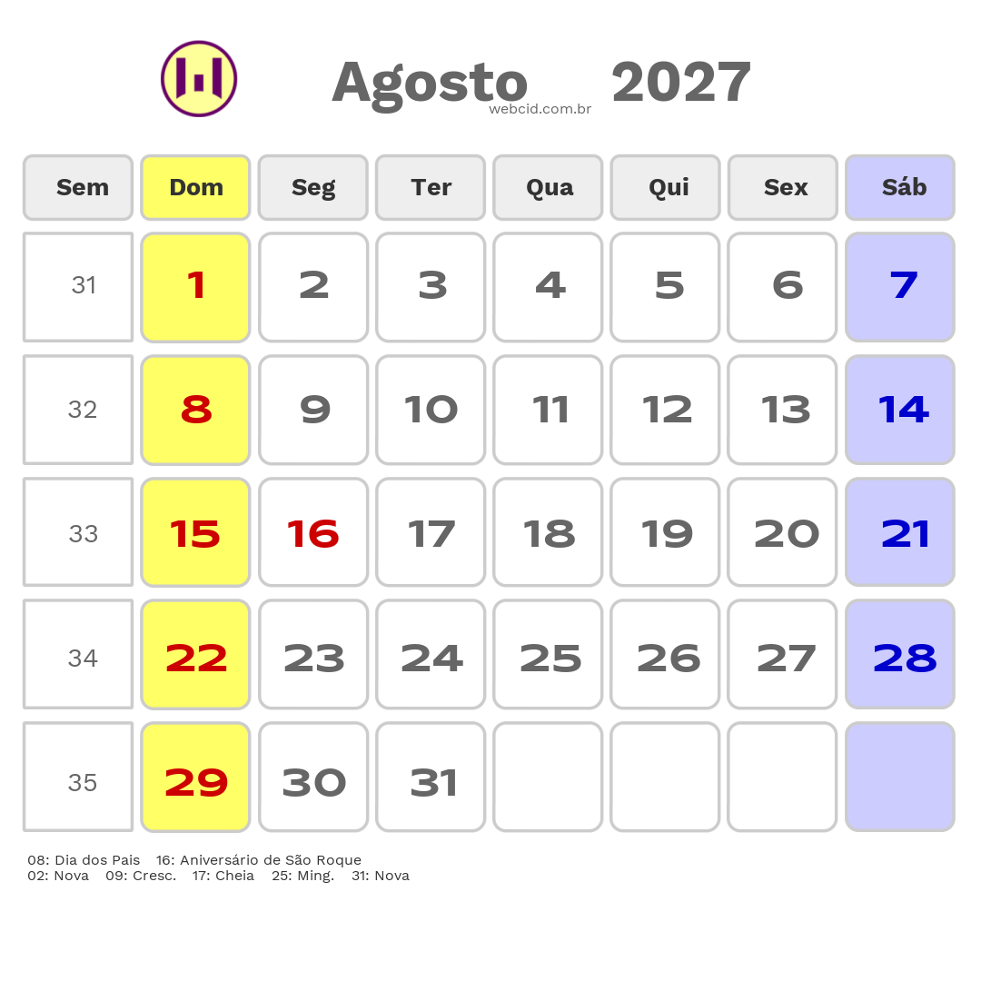 Calendário 2027 - Agosto - São Roque-SP com feriados e fases da lua