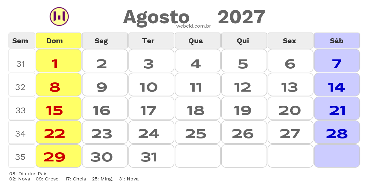 Calendário 2027 - Agosto - Brasil com feriados e fases da lua
