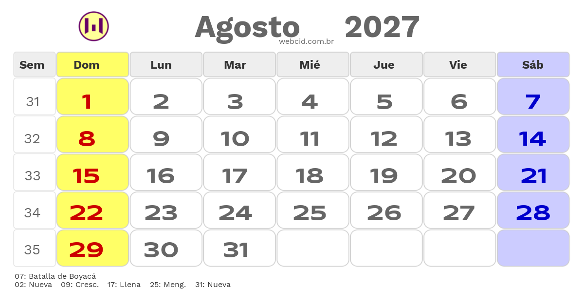 Calendario 2027 - Agosto - Colômbia com feriados e fases da lua