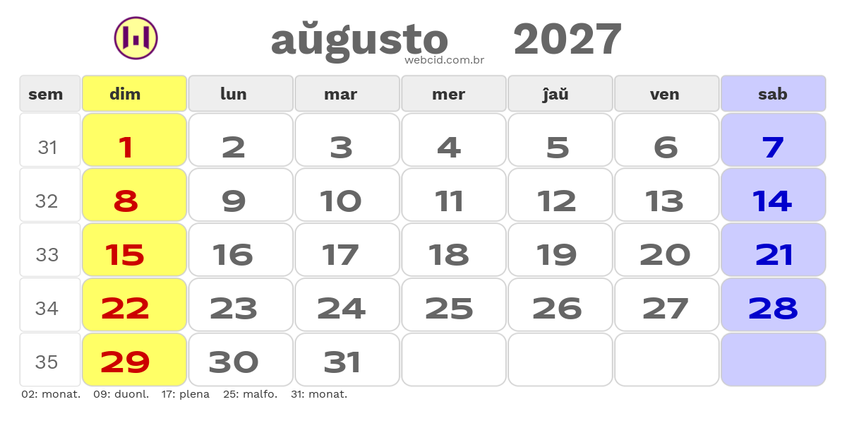 Kalendaro 2027 - aŭgusto - Esperanto-ESPERANTO com feriados e fases da lua