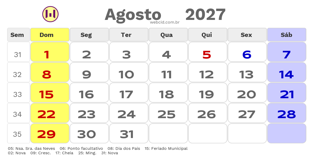 Calendário 2027 - Agosto - Ribeirão das Neves-MG com feriados e fases da lua