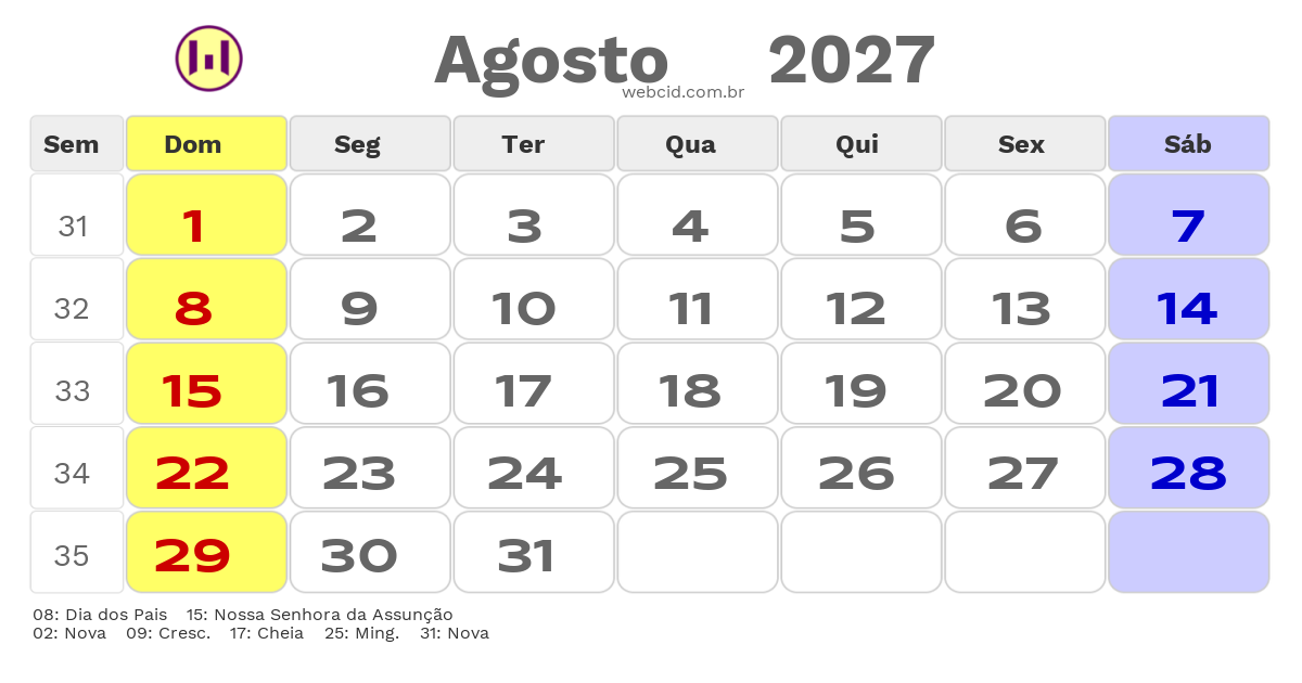 Calendário 2027 - Agosto - Caçapava do Sul-RS com feriados e fases da lua