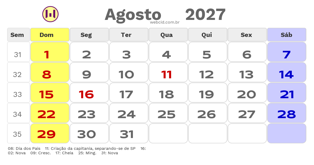Calendário 2027 - Agosto - Timbe do Sul-SC com feriados e fases da lua