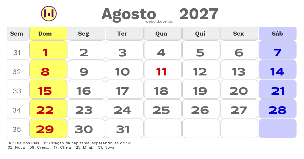 Calendário 2027 - Agosto - Tubarão-SC com feriados e fases da lua