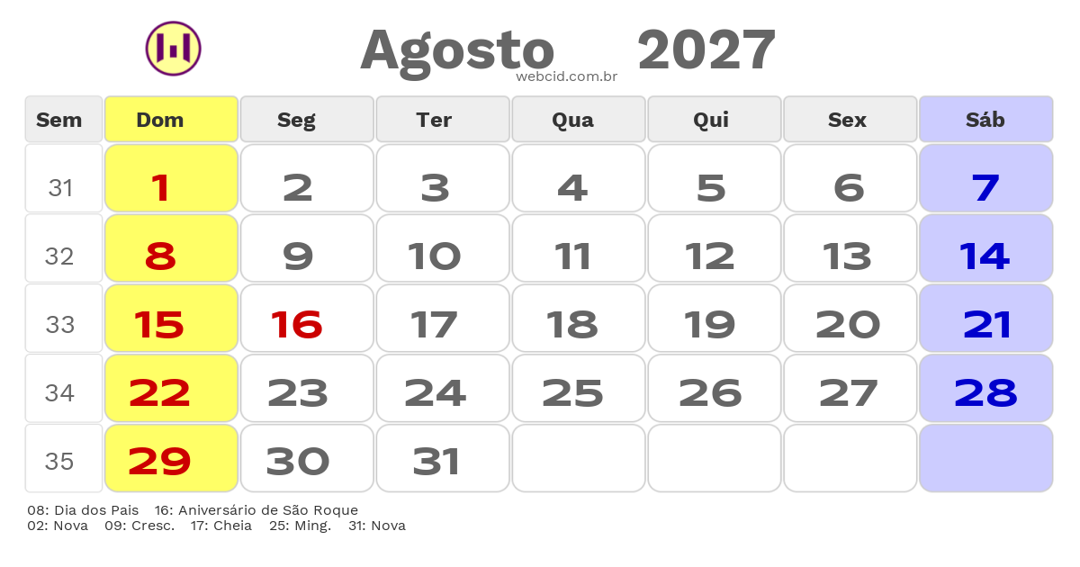 Calendário 2027 - Agosto - São Roque-SP com feriados e fases da lua