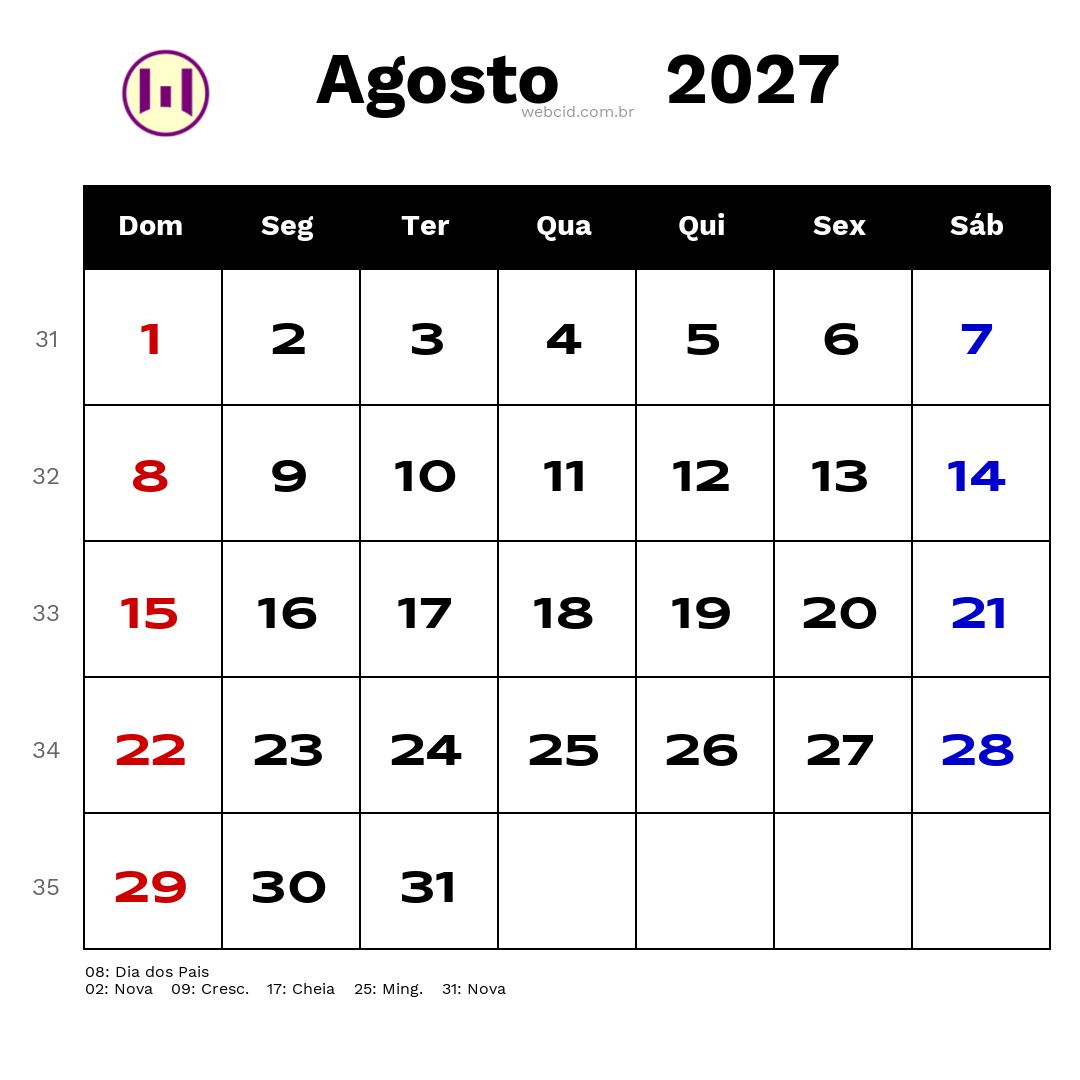 Calendário 2027 - Agosto - Brasil com feriados e fases da lua