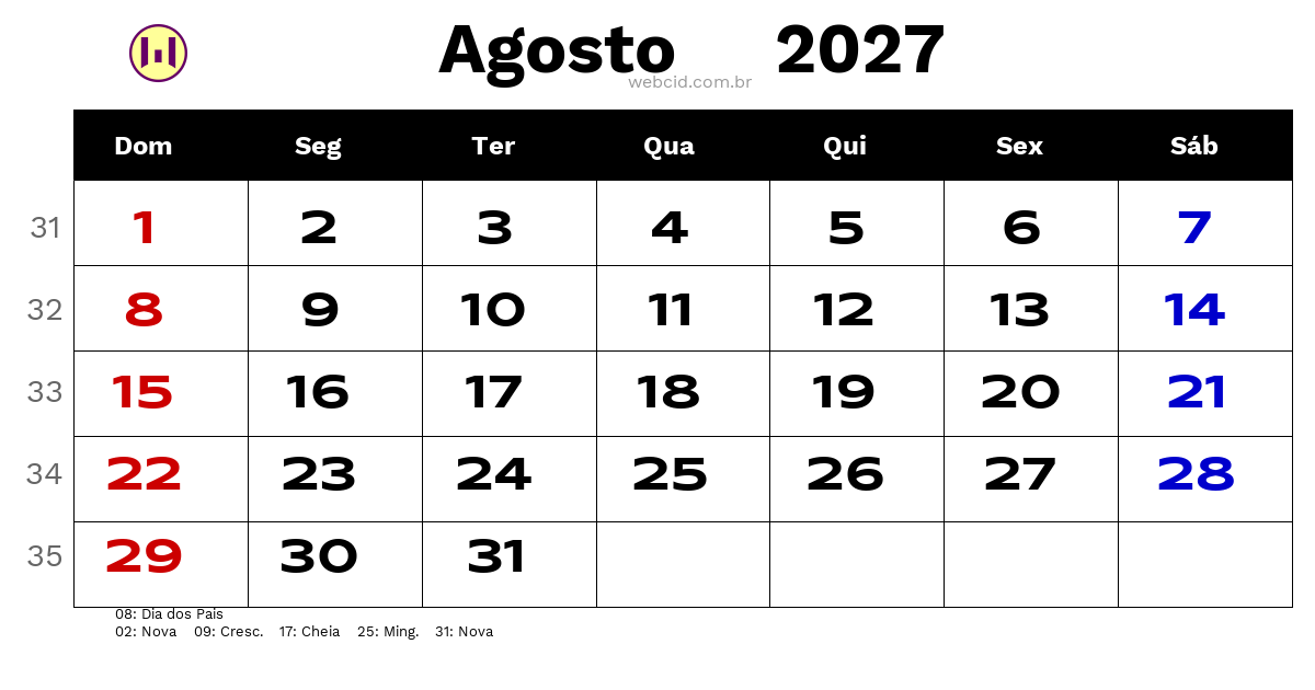 Calendário 2027 - Agosto - Brasil com feriados e fases da lua