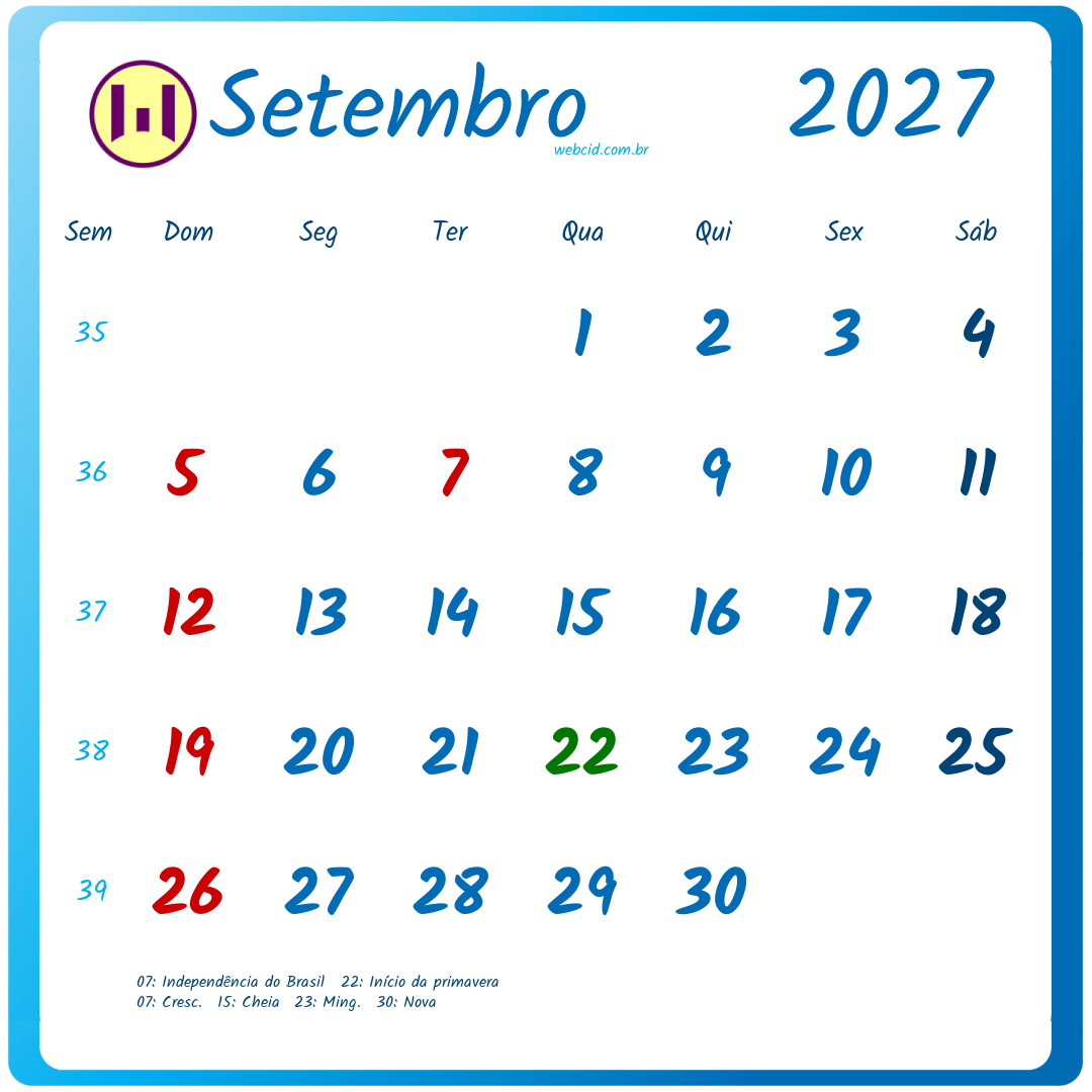 Calendário 2027 - Setembro - Brasil com feriados e fases da lua