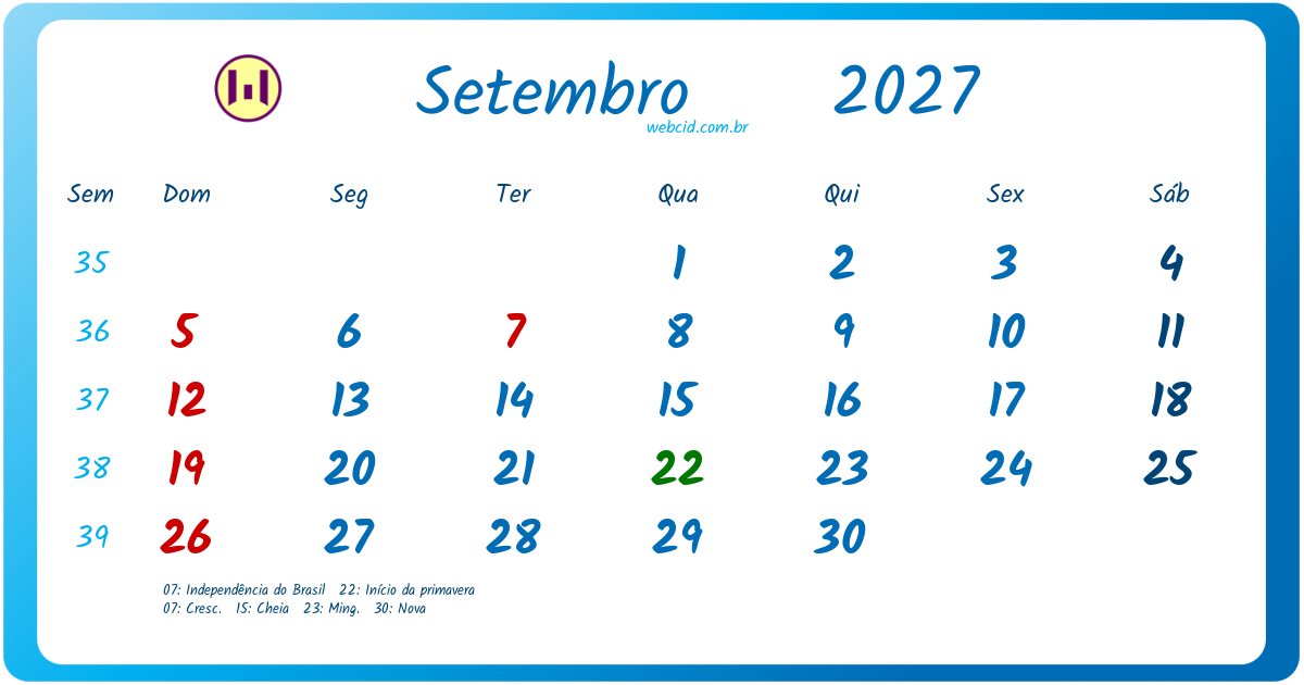 Calendário 2027 - Setembro - Brasil com feriados e fases da lua