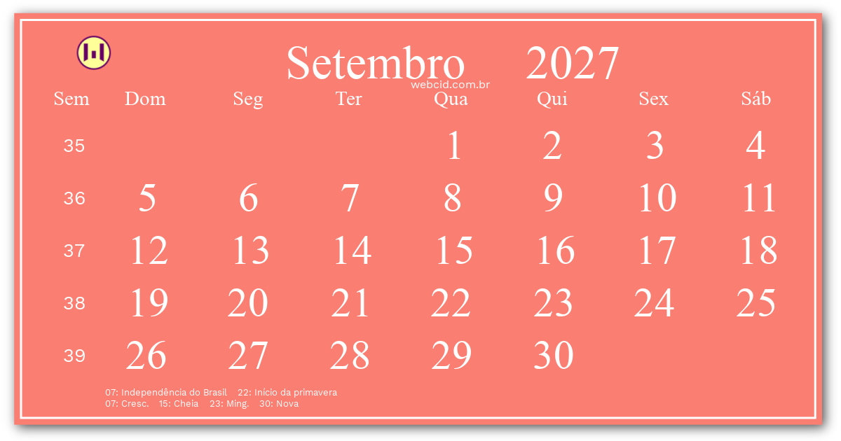Calendário 2027 - Setembro - Brasil com feriados e fases da lua