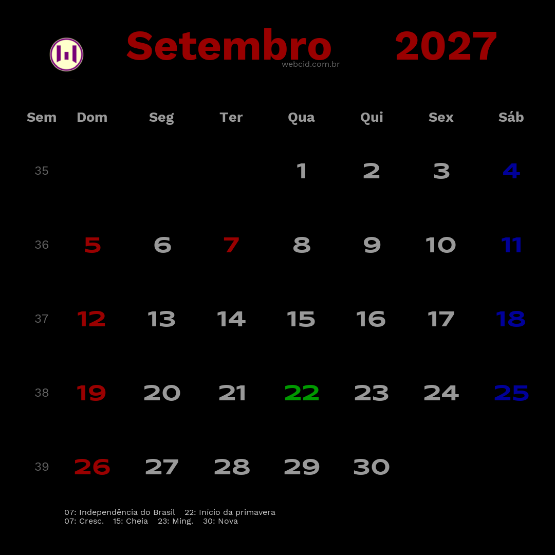 Calendário 2027 - Setembro - Brasil com feriados e fases da lua
