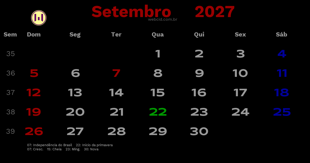 Calendário 2027 - Setembro - Brasil com feriados e fases da lua