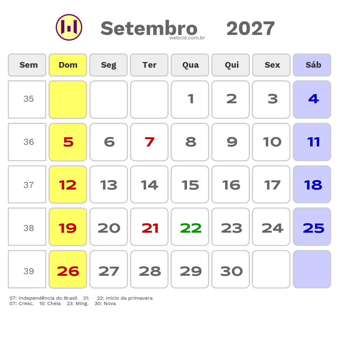 Calendário 2027 - Setembro - Filadelfia-BA com feriados e fases da lua