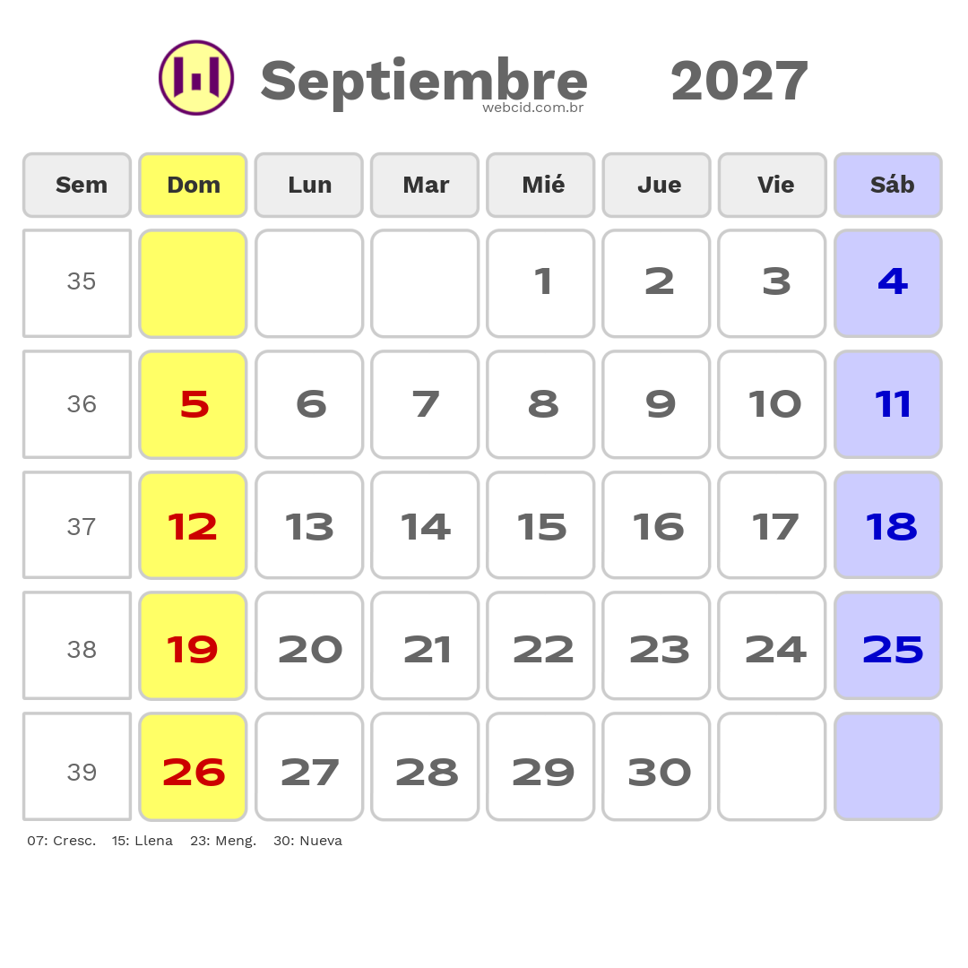 Calendario 2027 - Septiembre - Colômbia com feriados e fases da lua