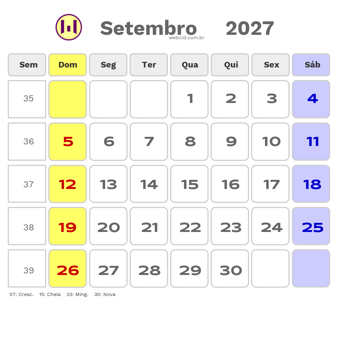Calendário 2027 - Setembro - Copa do Mundo FIFA com feriados e fases da lua