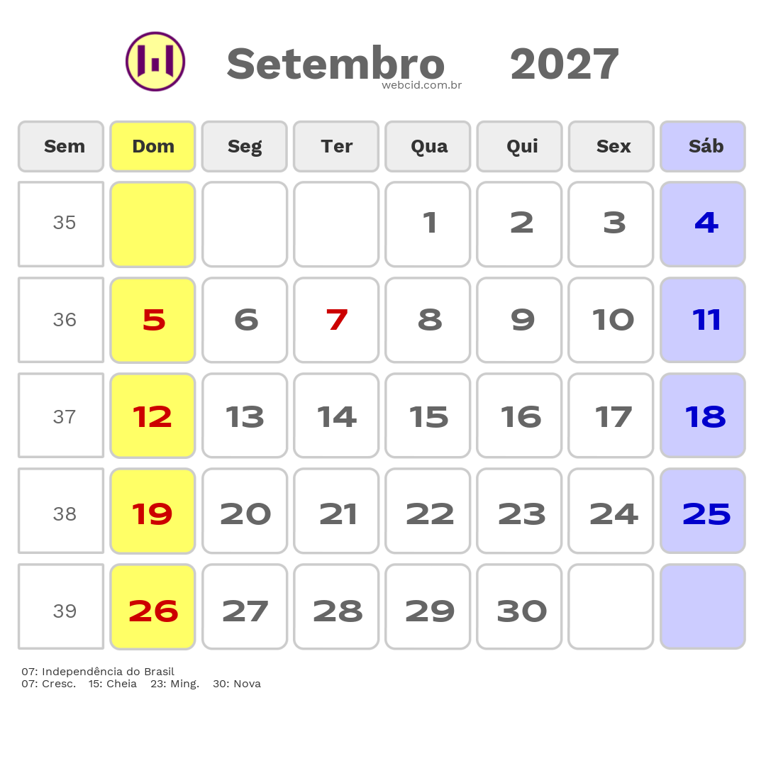 Calendário 2027 - Setembro - Feriados Bancários com feriados e fases da lua