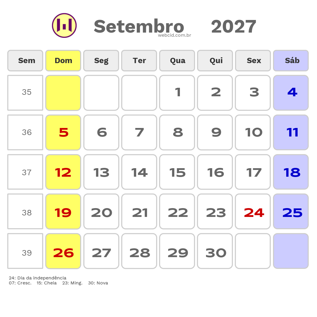 Calendário 2027 - Setembro - Guiné-Bissau com feriados e fases da lua