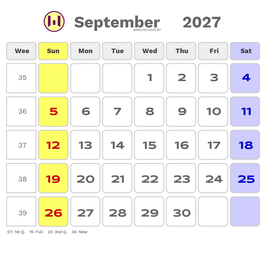 Calendar 2027 - September - Inglaterra com feriados e fases da lua