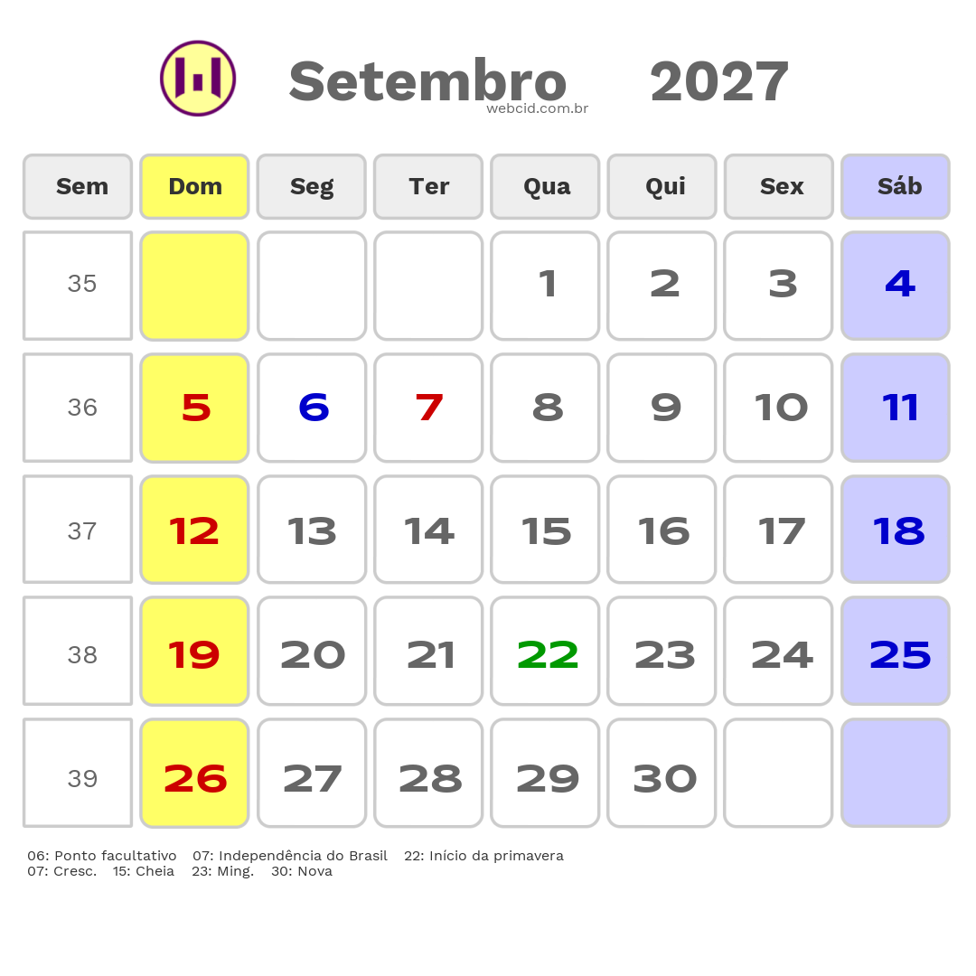 Calendário 2027 - Setembro - Governador Nunes Freire-MA com feriados e fases da lua