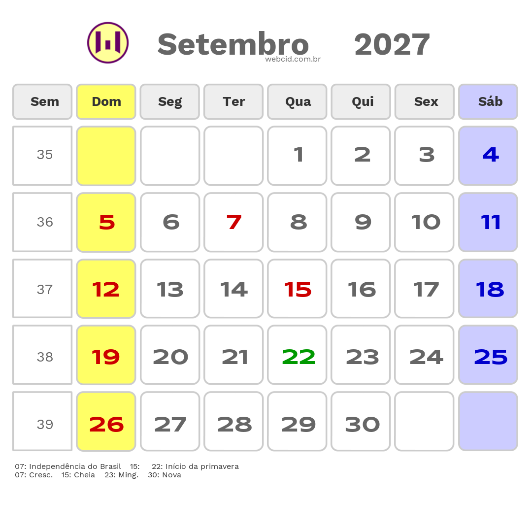 Calendário 2027 - Setembro - Marilandia do Sul-PR com feriados e fases da lua