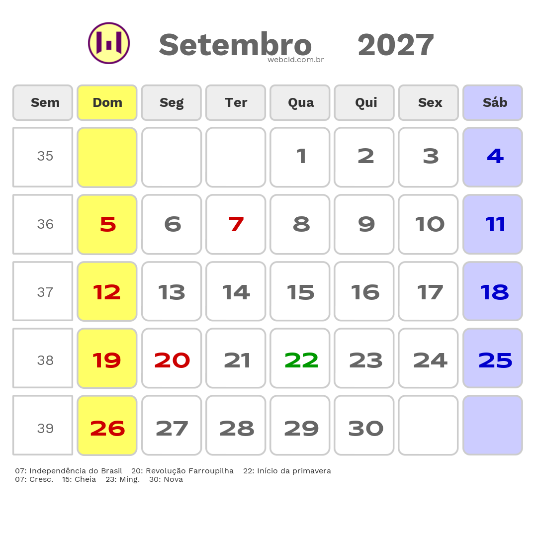 Calendário 2027 - Setembro - Caçapava do Sul-RS com feriados e fases da lua