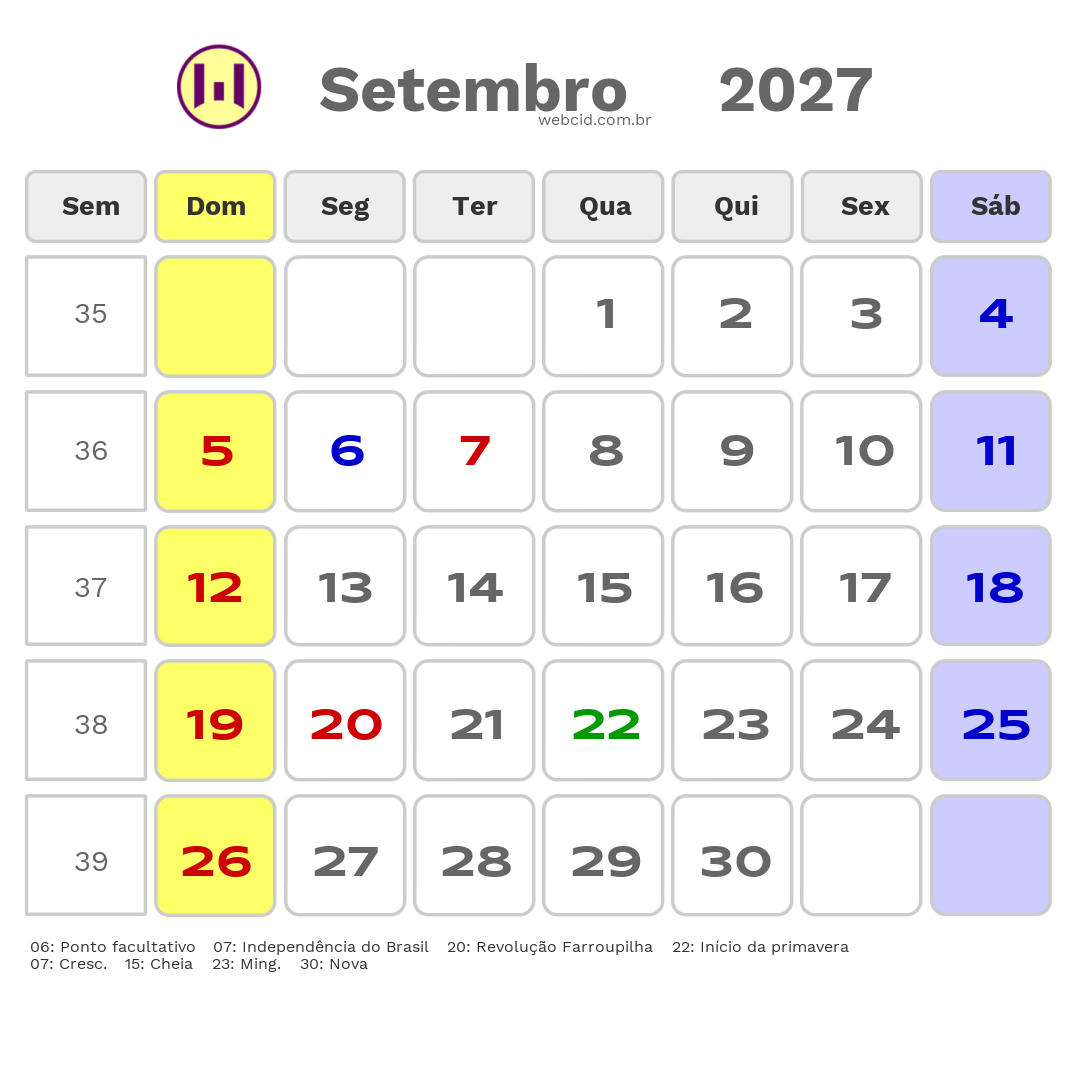 Calendário 2027 - Setembro - Não-Me-Toque-RS com feriados e fases da lua