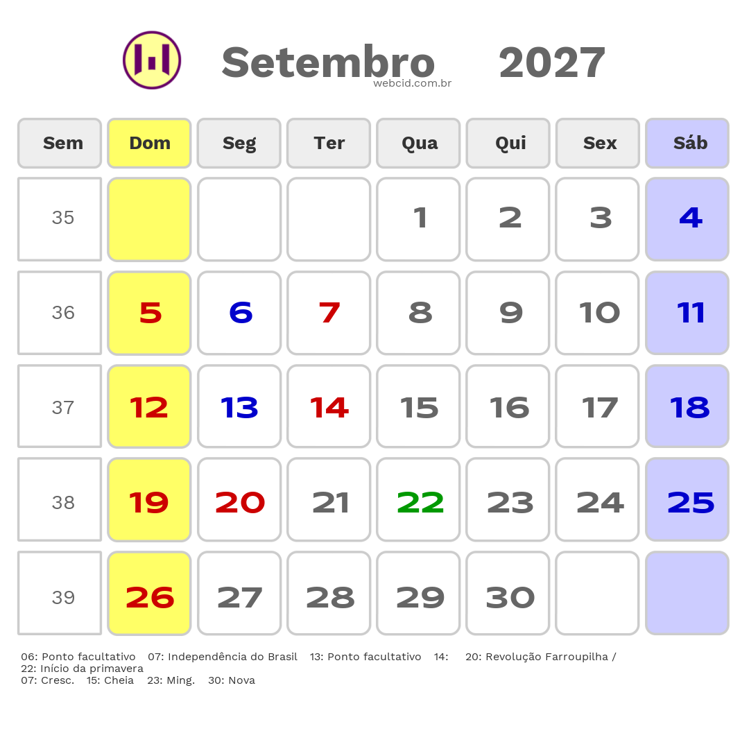Calendário 2027 - Setembro - Viamao-RS com feriados e fases da lua