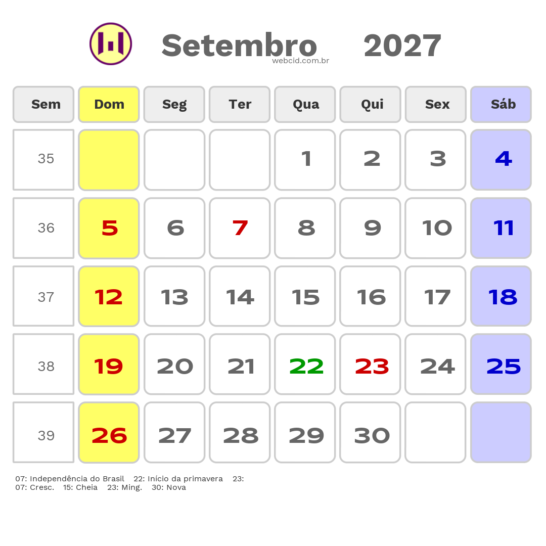 Calendário 2027 - Setembro - Timbe do Sul-SC com feriados e fases da lua