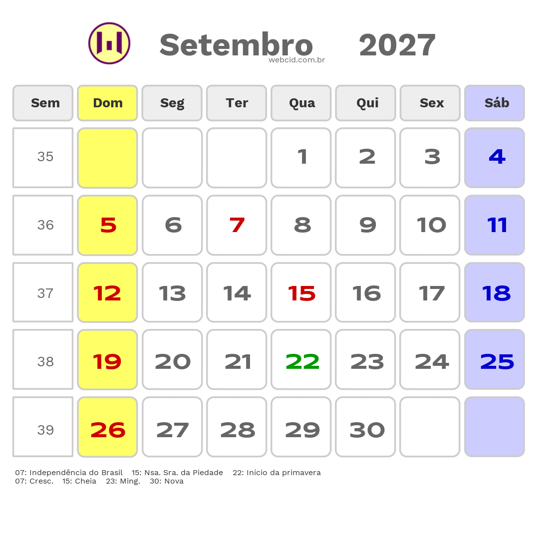 Calendário 2027 - Setembro - Tubarão-SC com feriados e fases da lua