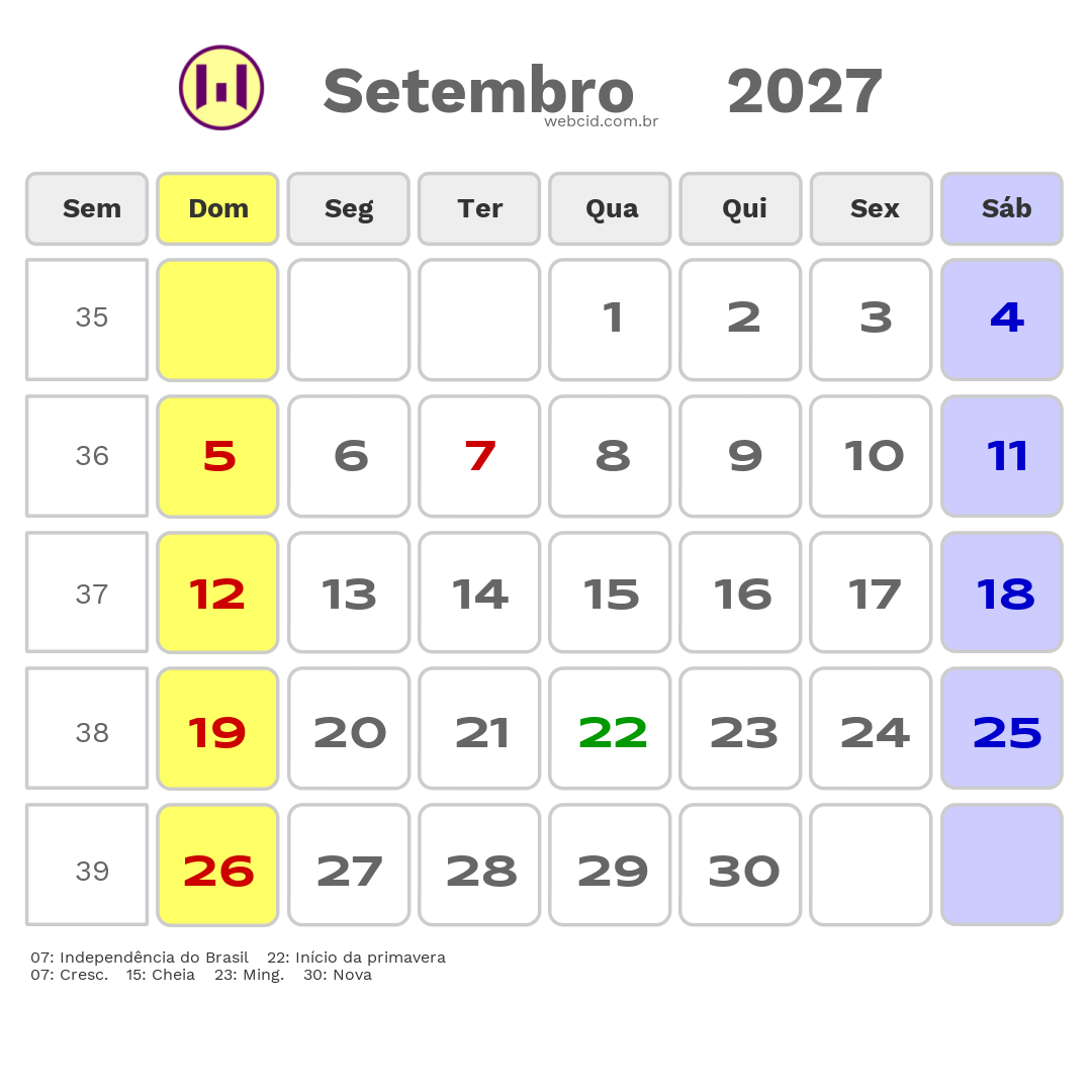 Calendário 2027 - Setembro - Fernandopolis-SP com feriados e fases da lua