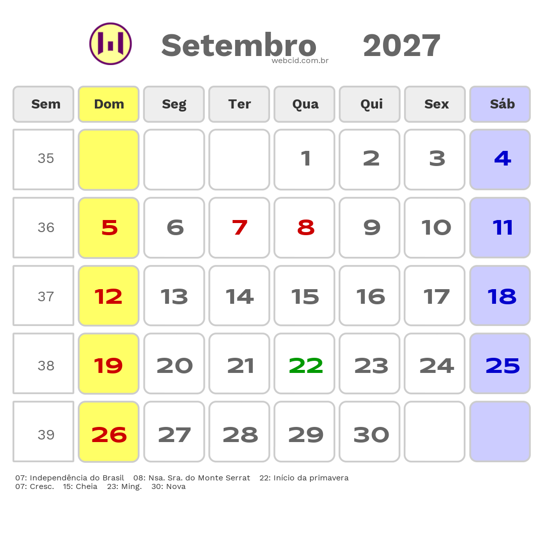 Calendário 2027 - Setembro - Santos-SP com feriados e fases da lua