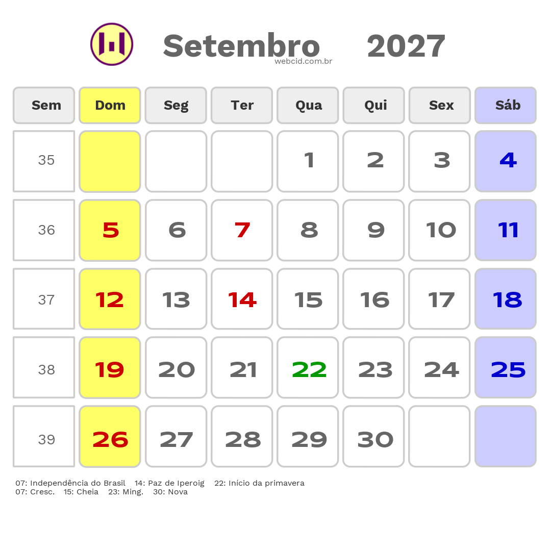 Calendário 2027 - Setembro - Ubatuba-SP com feriados e fases da lua