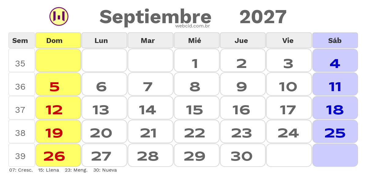 Calendario 2027 - Septiembre - Colômbia com feriados e fases da lua