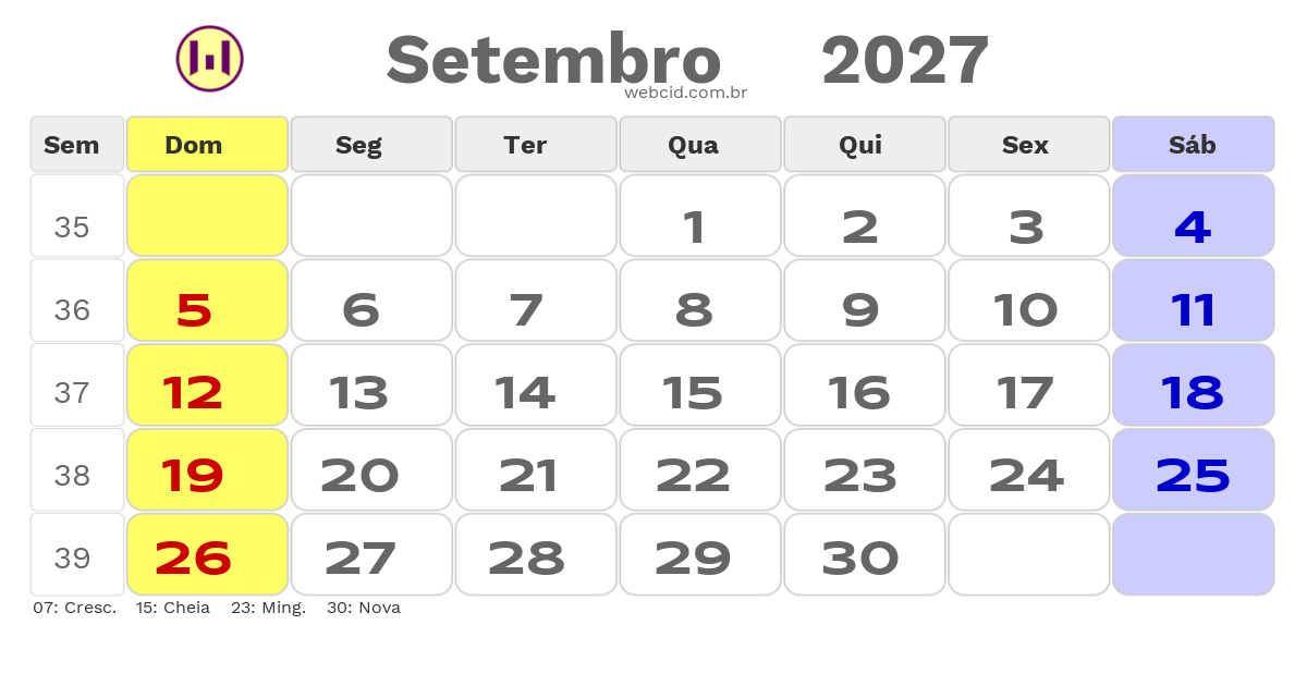 Calendário 2027 - Setembro - Copa do Mundo FIFA com feriados e fases da lua