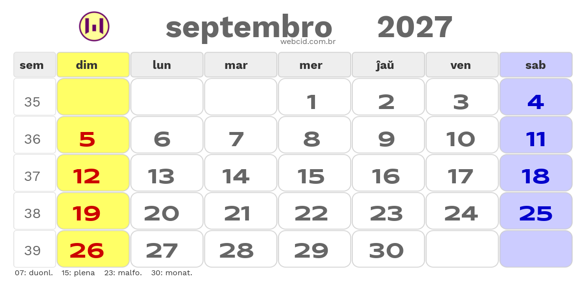 Kalendaro 2027 - septembro - Esperanto-ESPERANTO com feriados e fases da lua