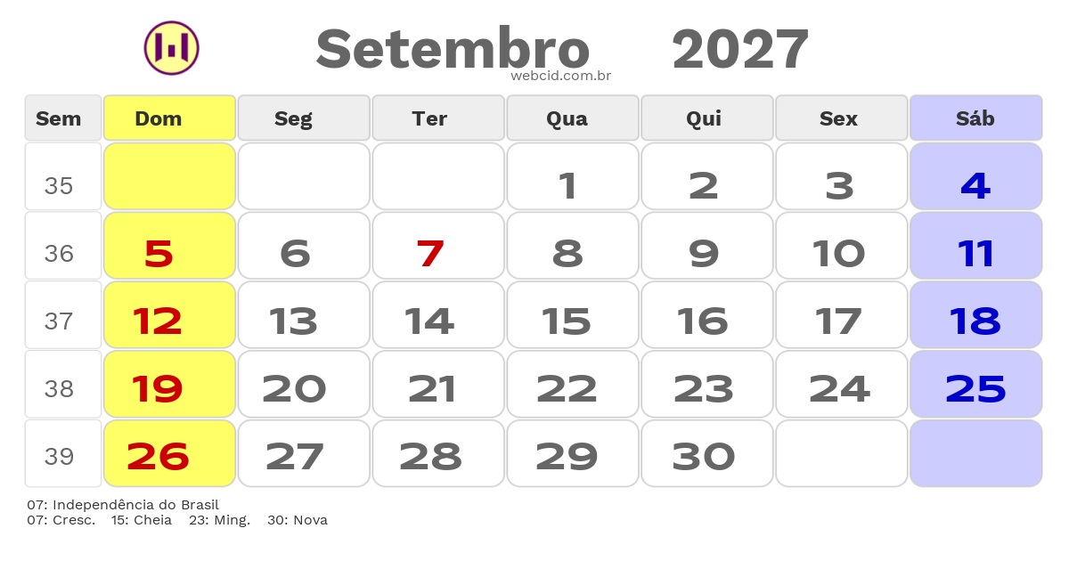 Calendário 2027 - Setembro - Feriados Bancários com feriados e fases da lua