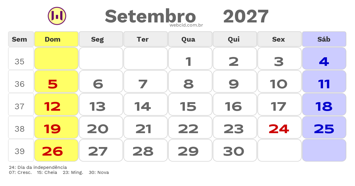 Calendário 2027 - Setembro - Guiné-Bissau com feriados e fases da lua