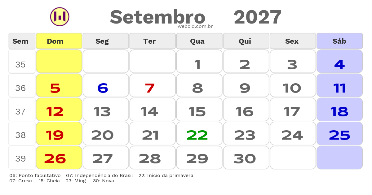 Calendário 2027 - Setembro - Ribeirão das Neves-MG com feriados e fases da lua