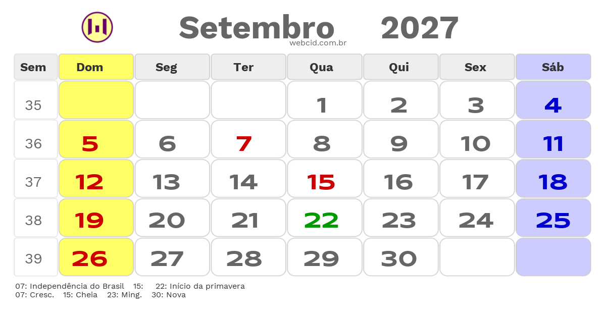 Calendário 2027 - Setembro - Marilandia do Sul-PR com feriados e fases da lua