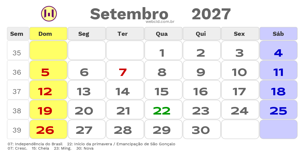 Calendário 2027 - Setembro - São Gonçalo-RJ com feriados e fases da lua