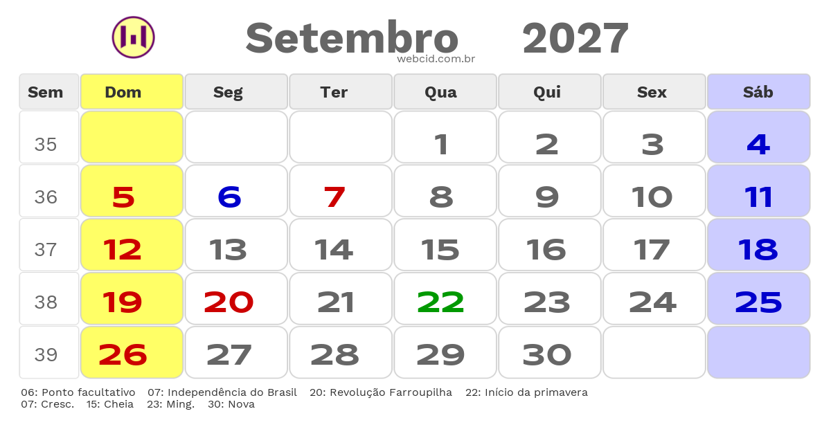 Calendário 2027 - Setembro - Não-Me-Toque-RS com feriados e fases da lua