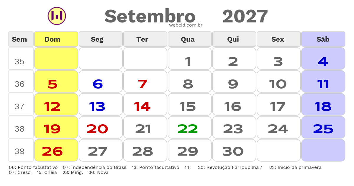 Calendário 2027 - Setembro - Viamao-RS com feriados e fases da lua