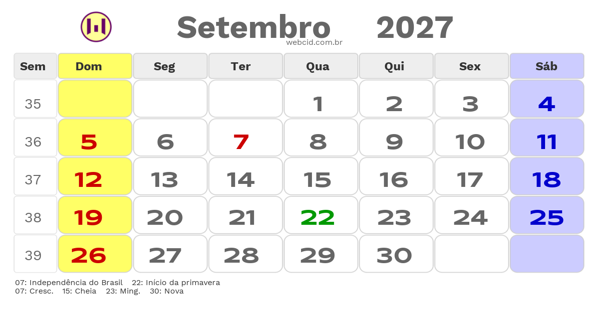 Calendário 2027 - Setembro - Fernandopolis-SP com feriados e fases da lua